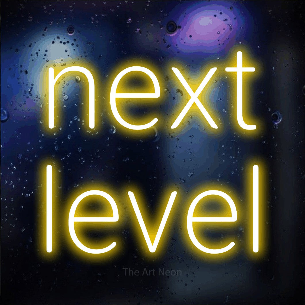 LED neon sign reading “next level”, arranged in 2 lines.