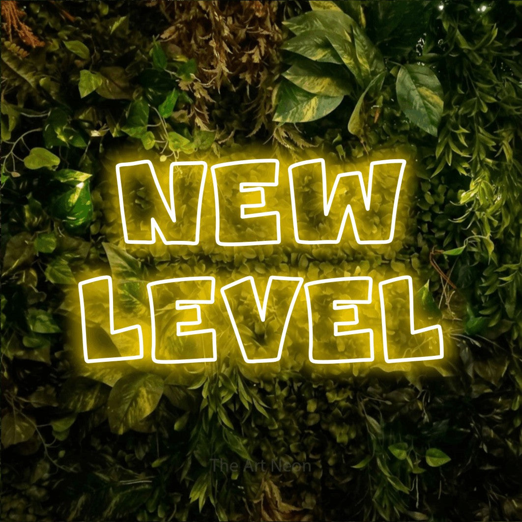 LED neon sign reading “new level”, arranged in 2 lines.