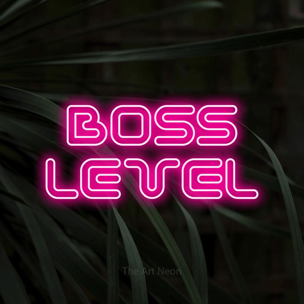 LED neon sign reading “BOSS LEVEL”, arranged in 2 lines.