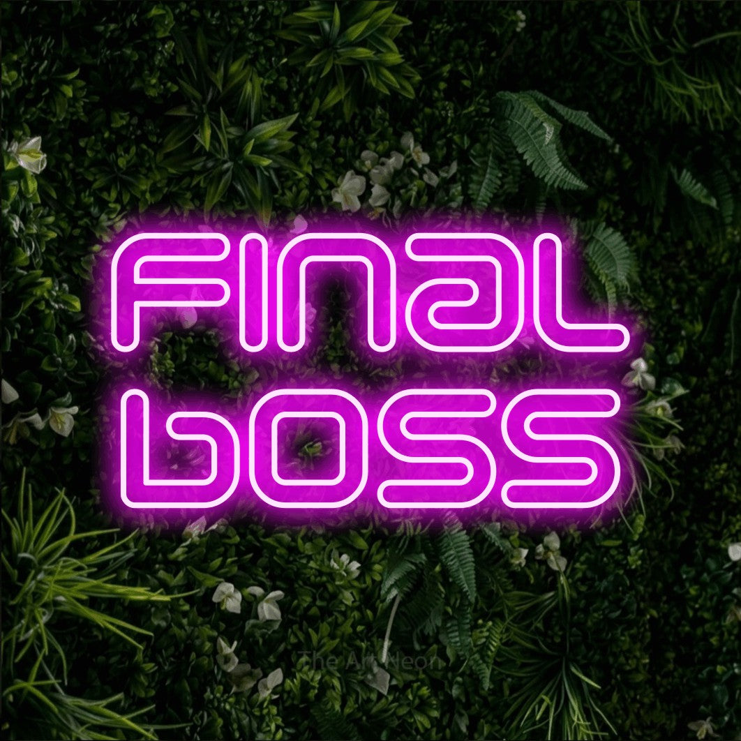 LED neon sign reading “final boss”, arranged in 2 lines.