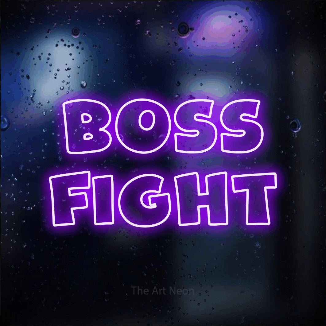 LED neon sign reading “Boss Fight”, arranged in 2 lines.
