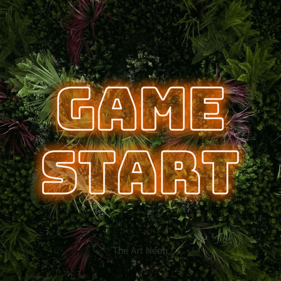 LED neon sign reading “GAME START”, arranged in 2 lines.