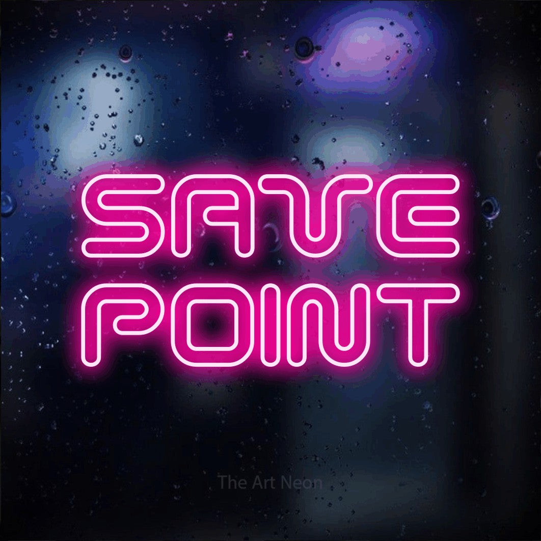 LED neon sign reading “SAVE POINT”, arranged in 2 lines.