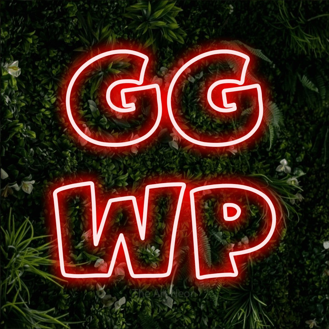 LED neon sign reading “GG WP”, arranged in 2 lines.