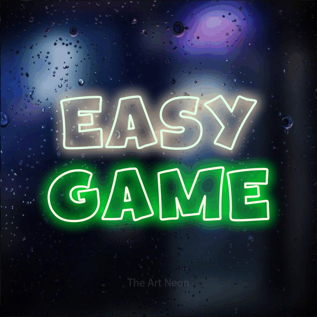 LED neon sign reading “Easy Game”, arranged in 2 lines.