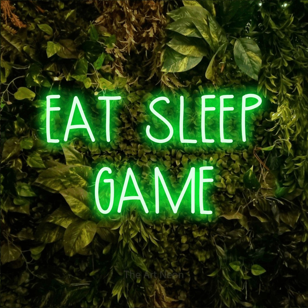 LED neon sign reading “EAT SLEEP GAME”, arranged in 2 lines.