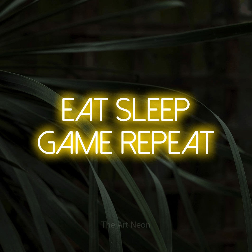 LED neon sign reading “Eat Sleep Game Repeat”, arranged in 2 lines.