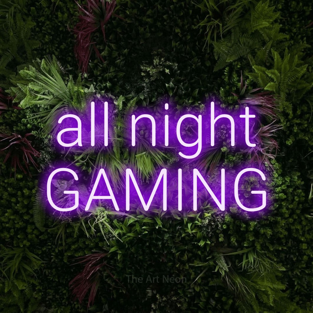 LED neon sign reading “all night GAMING”, arranged in 2 lines.