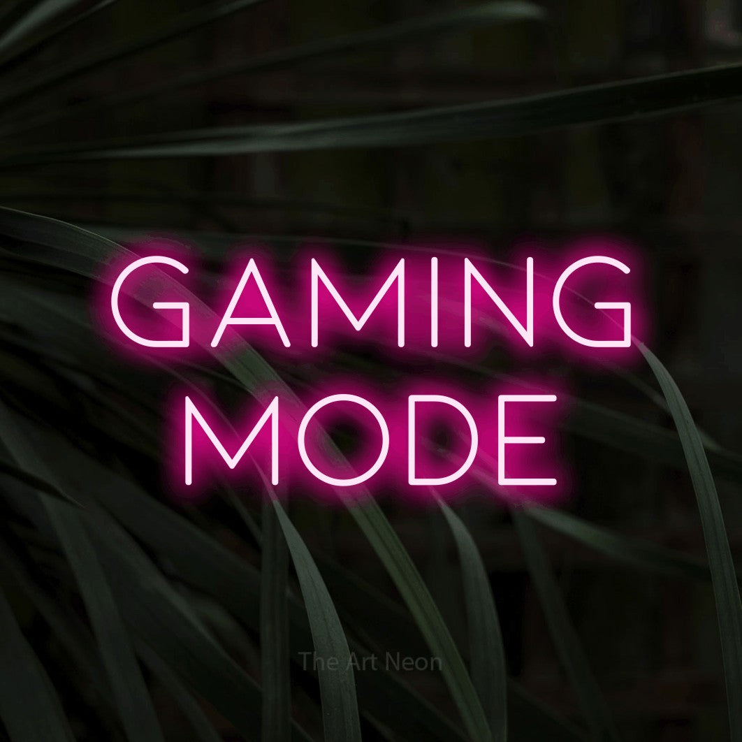 LED neon sign reading “gaming mode”, arranged in 2 lines.
