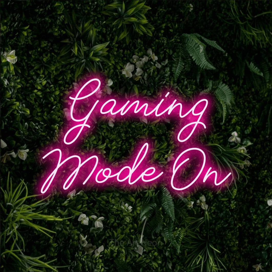 LED neon sign reading “Gaming Mode On”, arranged in 2 lines.