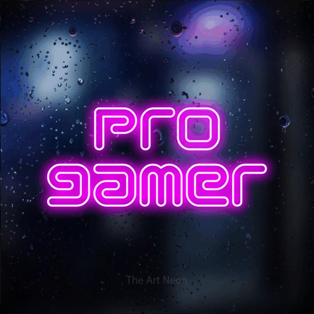 LED neon sign reading “pro gamer”, arranged in 2 lines.