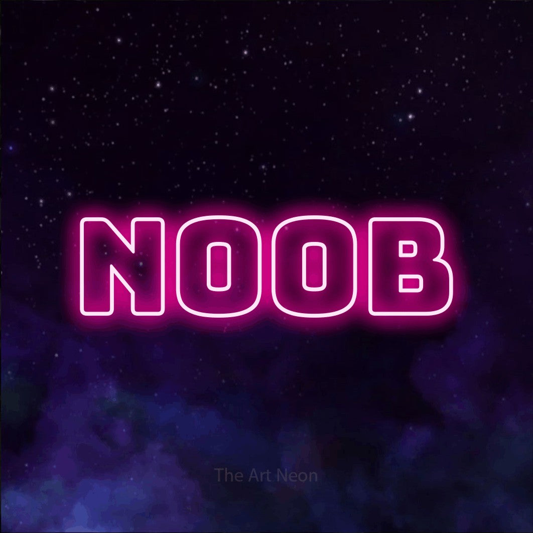 LED neon sign reading “NOOB”, arranged in a single line.