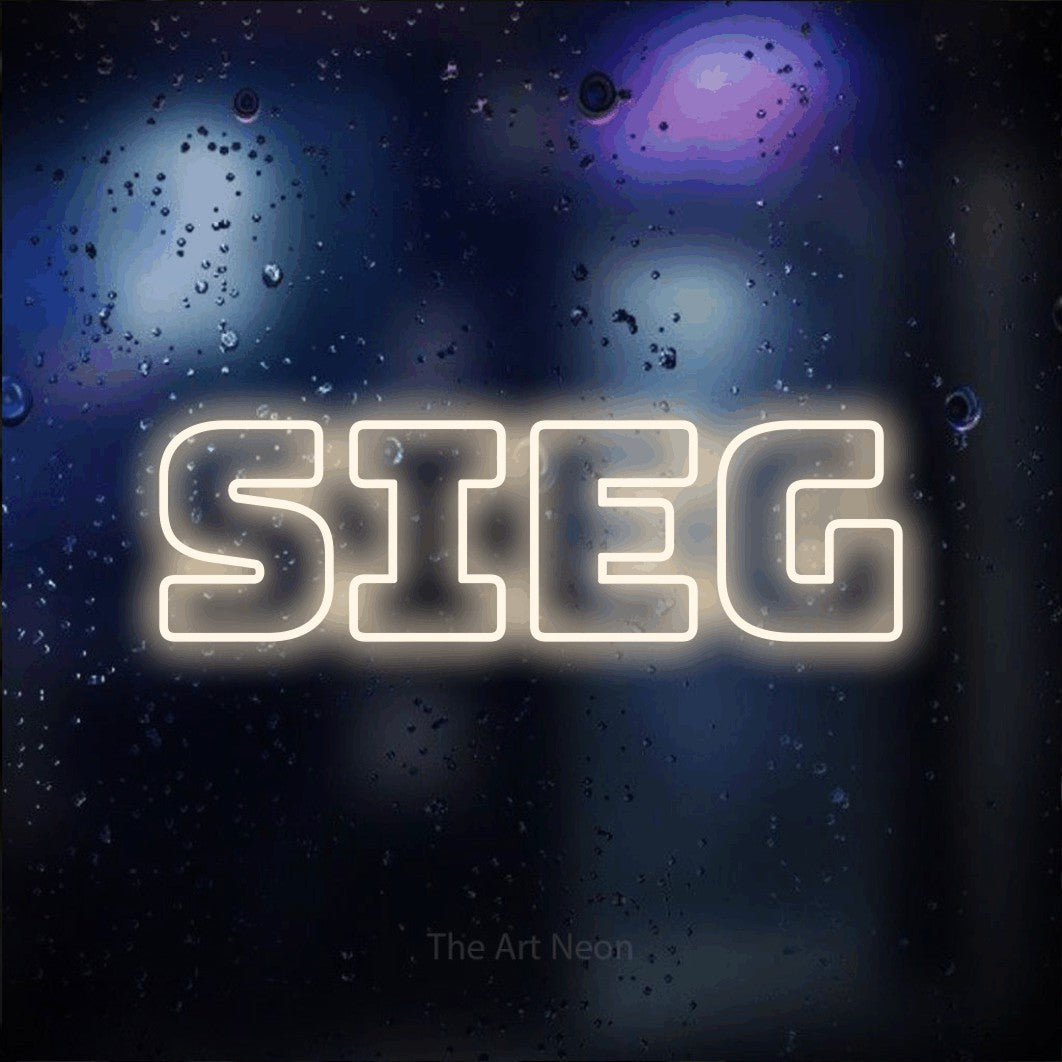LED neon sign reading “Sieg”, arranged in a single line.