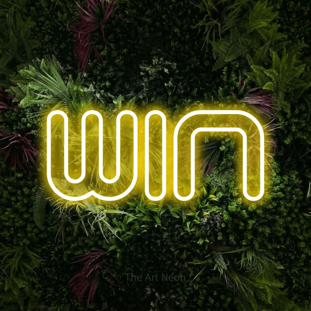 LED neon sign reading “win”, arranged in a single line.