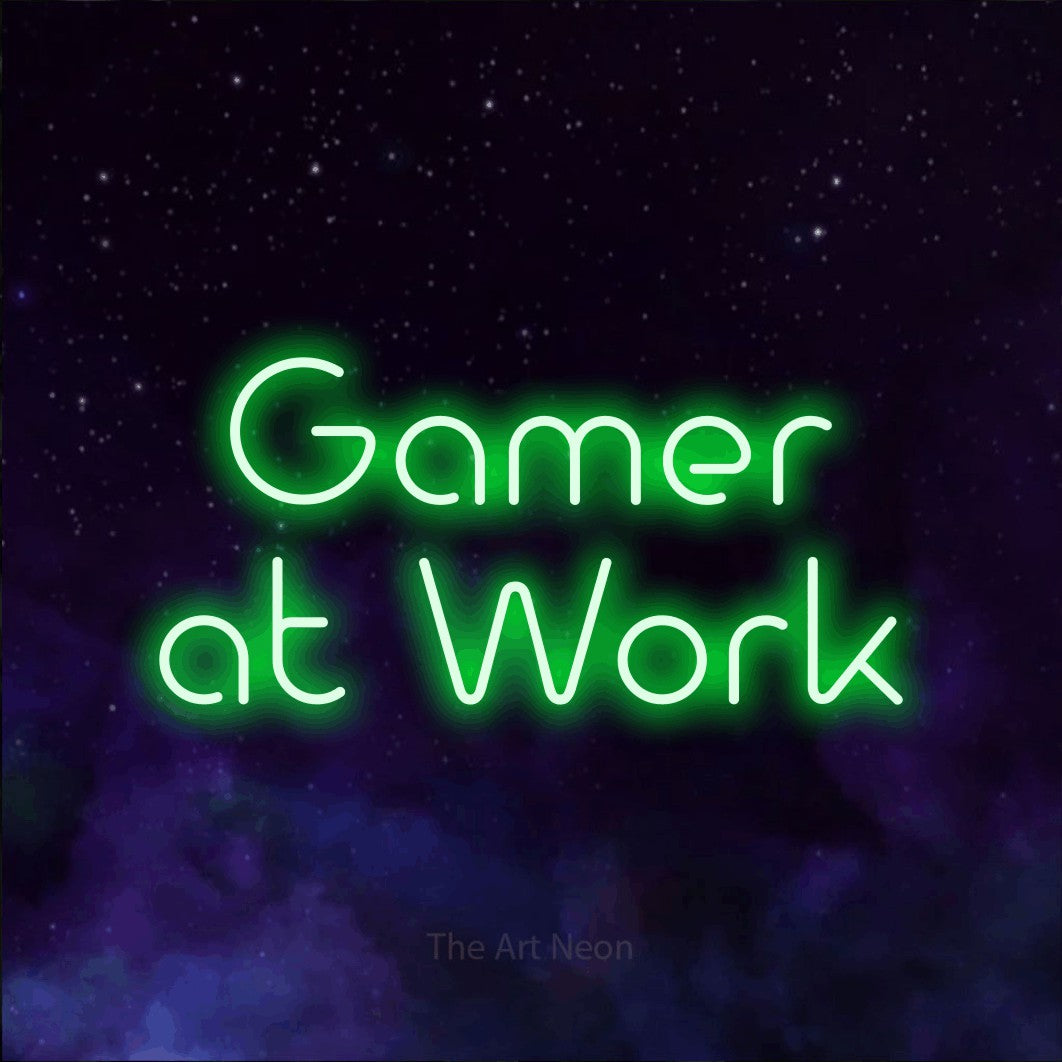LED neon sign reading “Gamer at Work”, arranged in 2 lines.