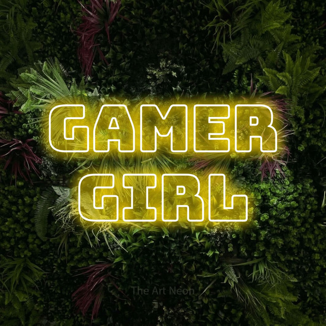 LED neon sign reading “Gamer Girl”, arranged in 2 lines.