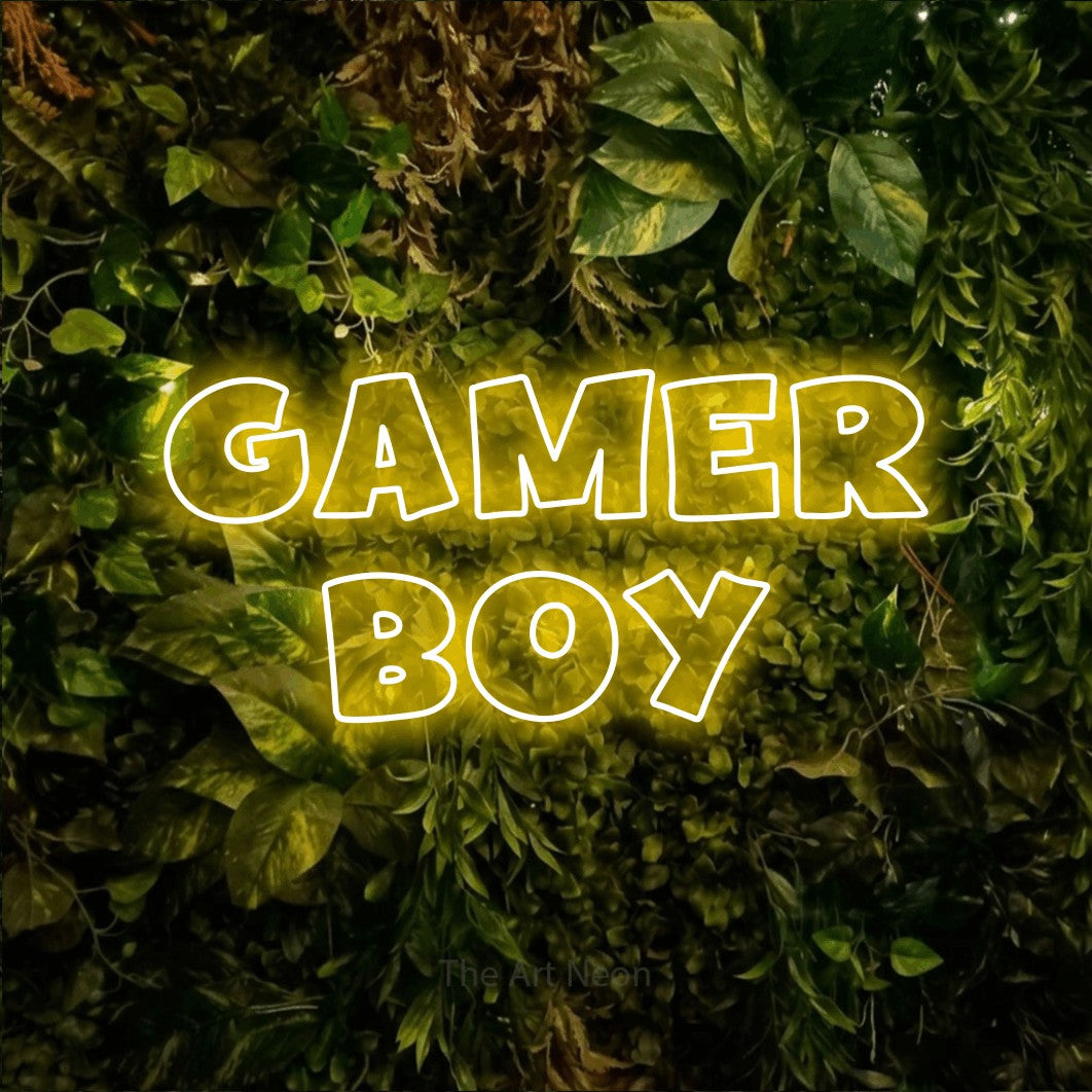 LED neon sign reading “gamer boy”, arranged in 2 lines.