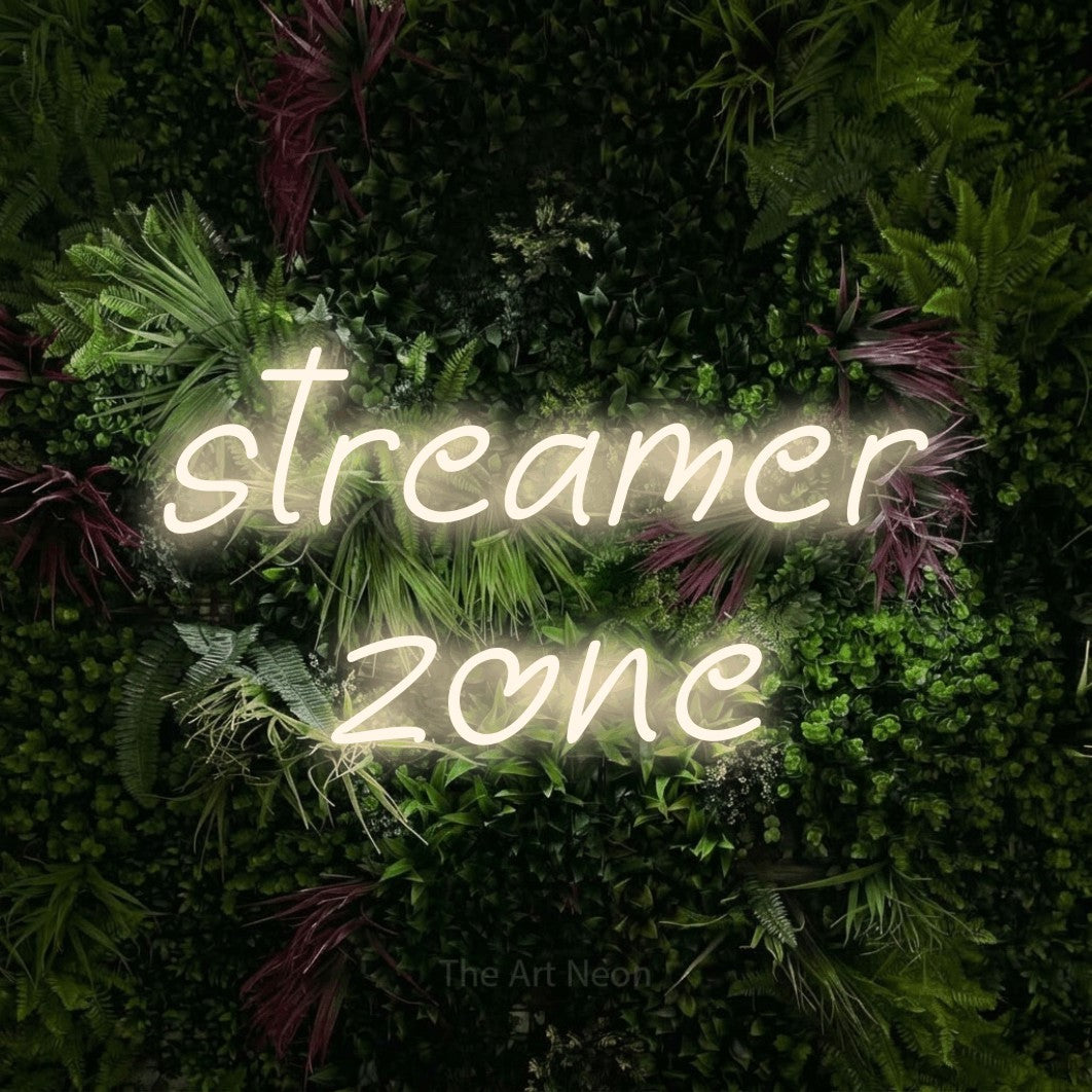 LED neon sign reading “streamer zone”, arranged in 2 lines.