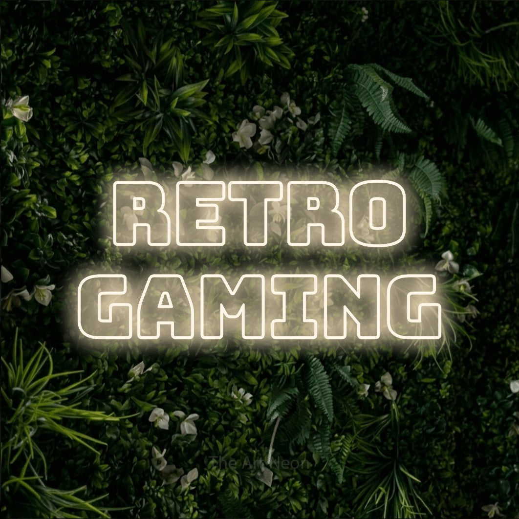 LED neon sign reading “Retro Gaming”, arranged in 2 lines.