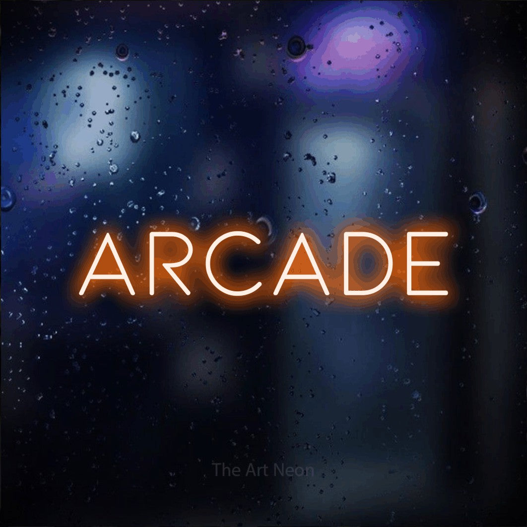 LED neon sign reading “arcade”, arranged in a single line.