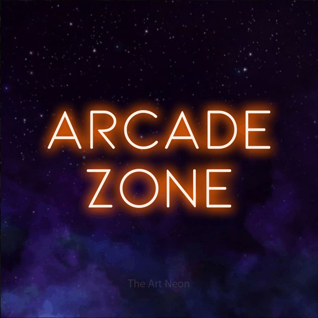 LED neon sign reading “arcade zone”, arranged in 2 lines.