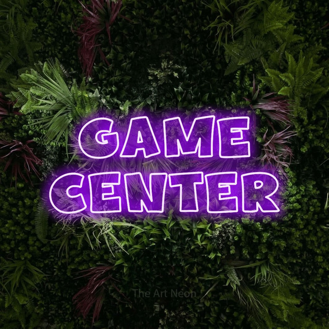 LED neon sign reading “GAME CENTER”, arranged in 2 lines.