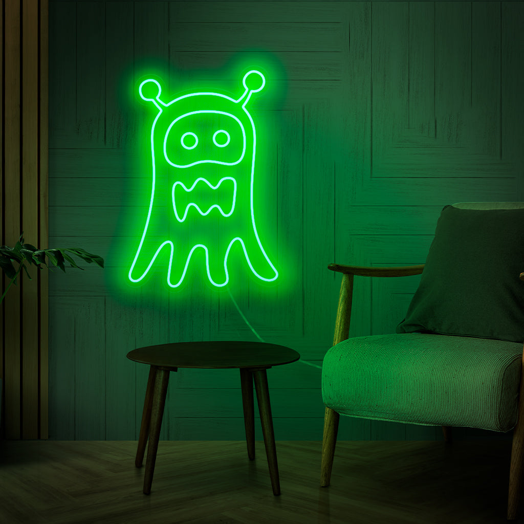 „Ghost Monster Neon Sign“ – Eindringlich mit skurrilem Charme, perfekt für kreative Räume und Spielzimmer, verleiht der Umgebung einen Hauch von spielerischer Gruseligkeit.