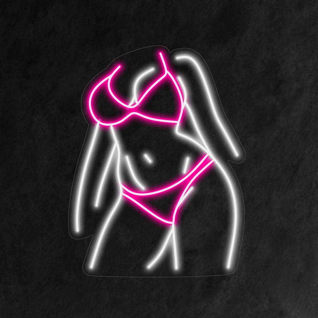 „Neonschild „Mädchen im Bikini, Vorderseite des Körpers““ – Verleiht einen Hauch von Strandstimmung und Sommerflair, perfekt für Bars und Resorts mit Strandthema und ruft ein Gefühl von Sonnenschein und Entspannung hervor.