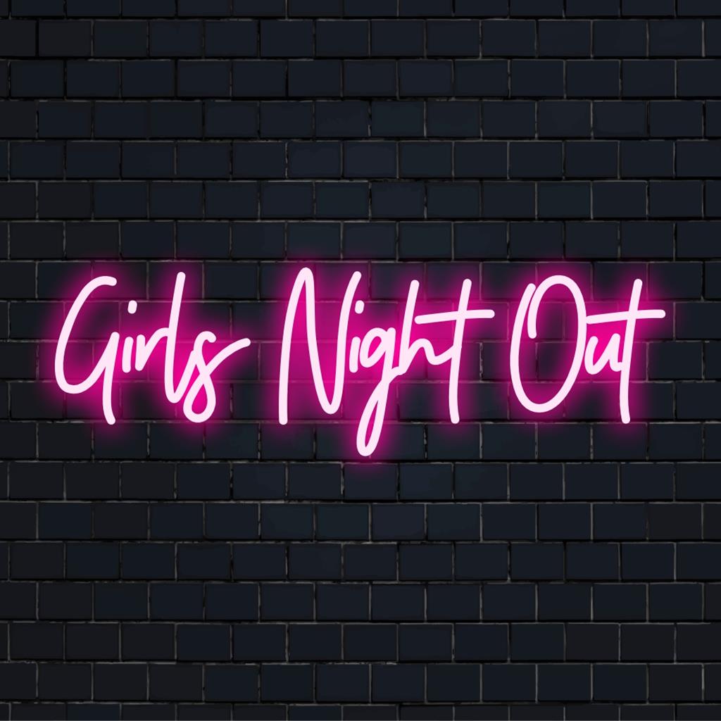 Vibrant custom LED neon sign with playful script reading Girls Night Out in glowing shades, perfect for any fun gathering space.