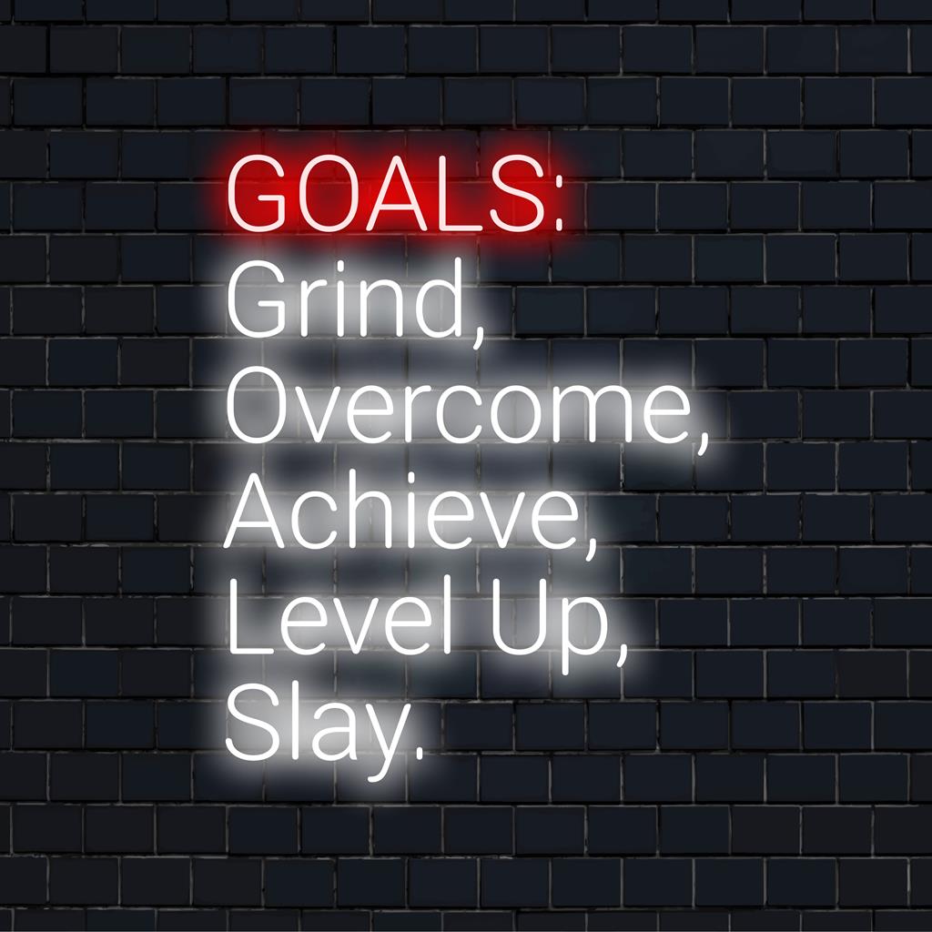 Maßgefertigtes LED-Neonschild mit motivierenden Sätzen wie „Grind“, „Overcome“, „Achieve“, „Level Up“, „Slay“ in Neonlichtkunst.