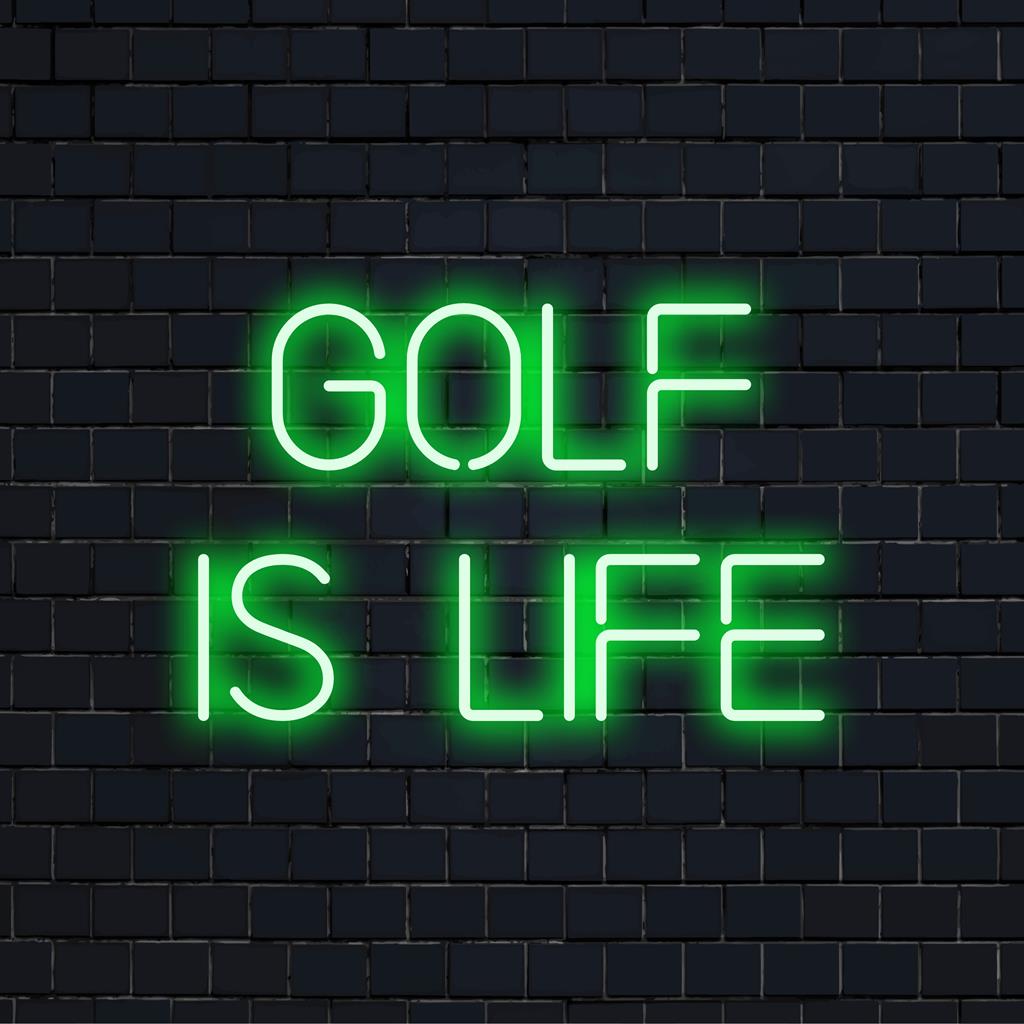 Custom LED neon sign reading Golf Is Life in bright, vibrant colors, ideal for sports enthusiasts, neon wall art lovers, and custom decor.