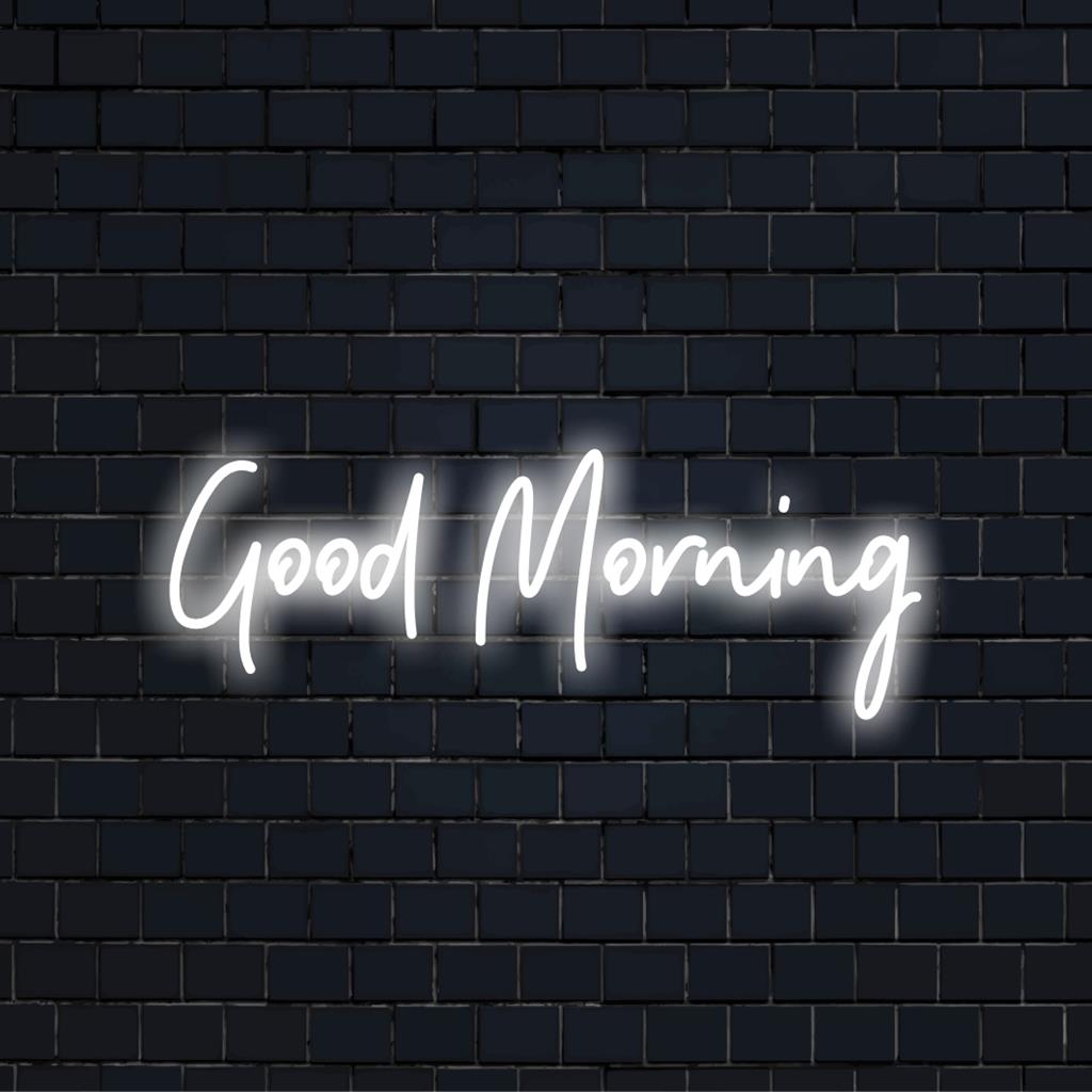 Lebendiges, individuell angefertigtes LED-Neonschild mit der Aufschrift „Guten Morgen“, perfekt für eine aufmunternde Dekoration oder personalisierte Neon-Wandkunst.