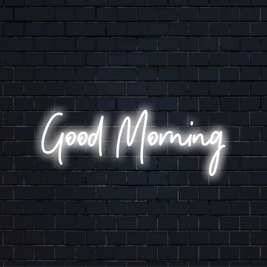 Vibrant, custom-made LED neon sign reading Good Morning, perfect for uplifting decor or personalized neon wall art.