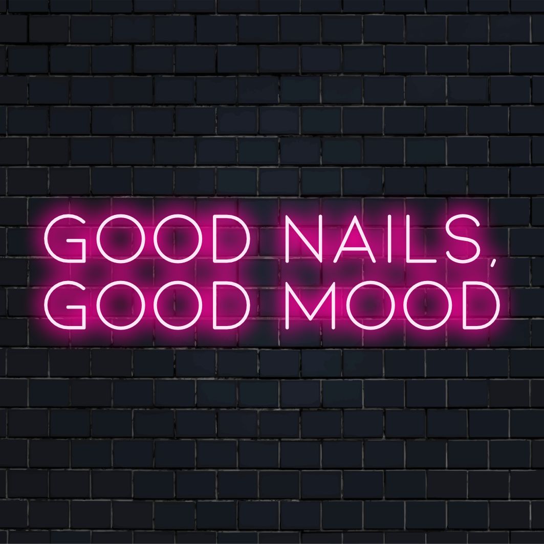 Vibrant pink 'Good Nails, Good Mood' LED neon sign, perfect for beauty lovers seeking lively decor.