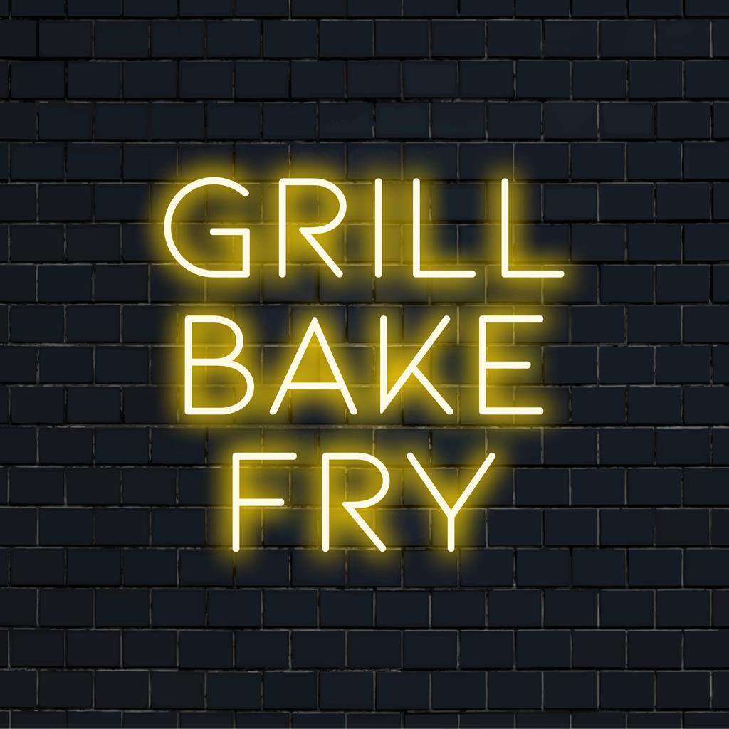 LED neon sign for culinary enthusiasts, perfect kitchen decor; inspired by cooking essentials - grill, bake, fry. Ideal neon light decor.