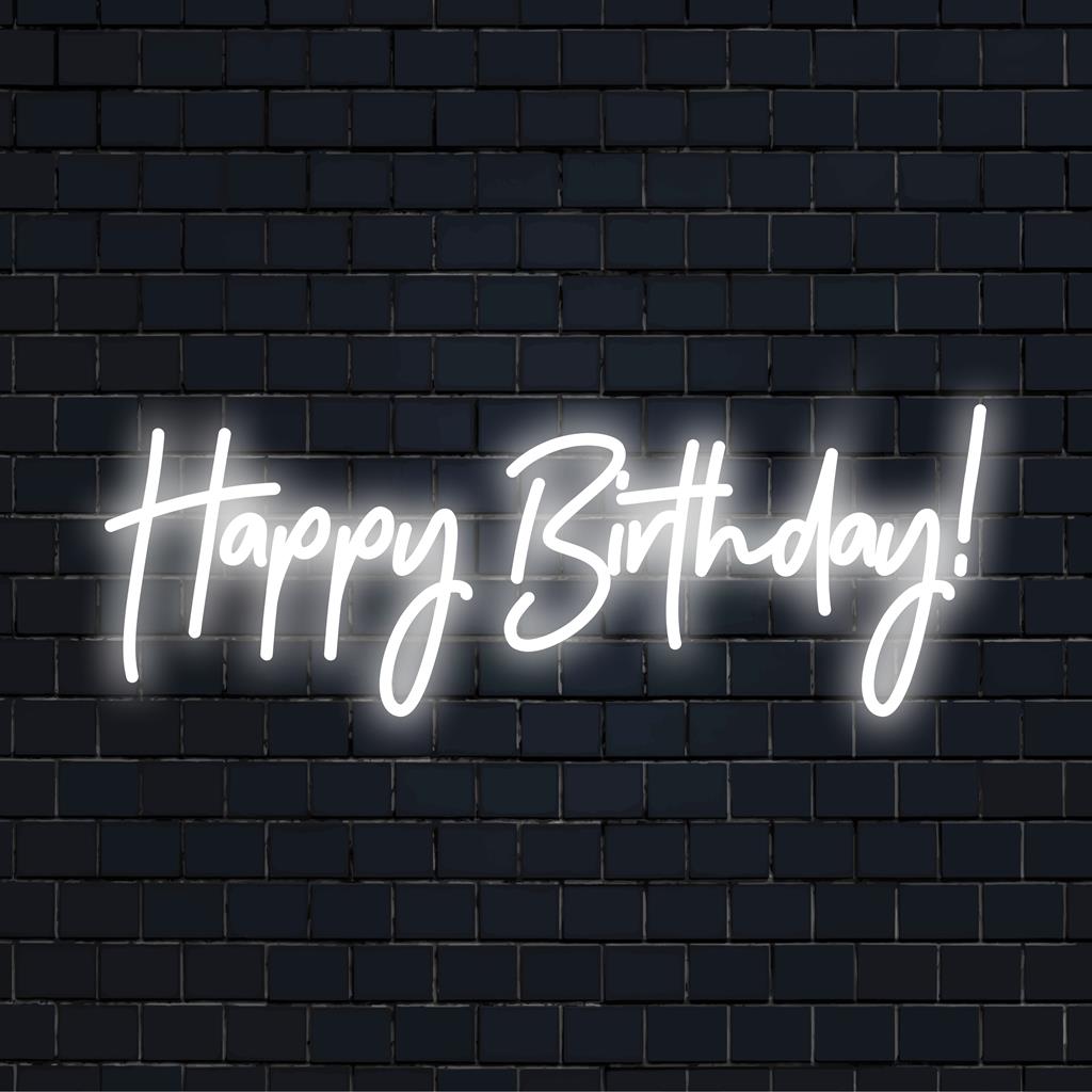 LED neon sign spelling Happy Birthday! in vibrant, festive colors, perfect for celebratory wall decor.