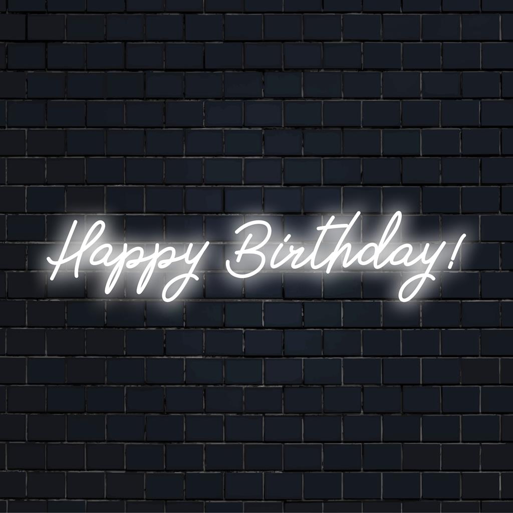Maßgefertigtes LED-Neonschild mit einem lebendigen „Happy Birthday!“-Text, perfekt für festliche Dekoration und individuelle Beleuchtung.