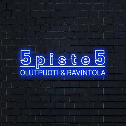 Räätälöidyt neonskyltit 75 × 28 cm – “5piste5” (sininen & valkoinen)