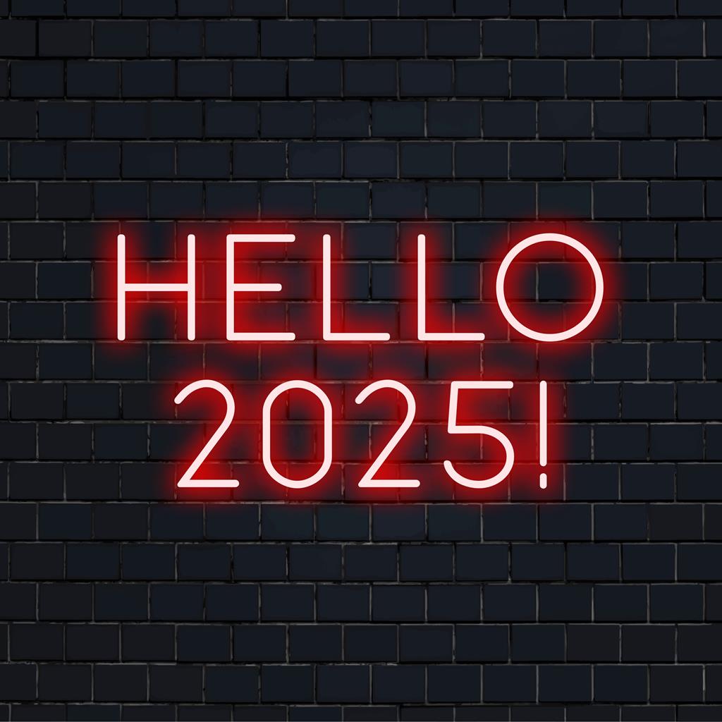 Buntes LED-Neonschild mit der Aufschrift „Hallo 2025!“ für lebendige Wohndekoration oder Partyatmosphäre. Maßgefertigt für moderne Ästhetik.