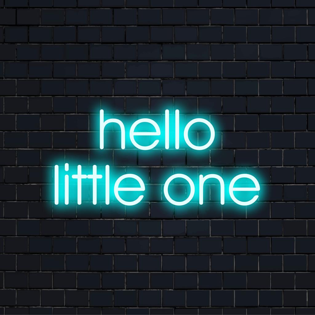 Custom-made LED neon sign saying Hello Little One with soft, welcoming glow; perfect neon decor for nurseries or children's rooms.