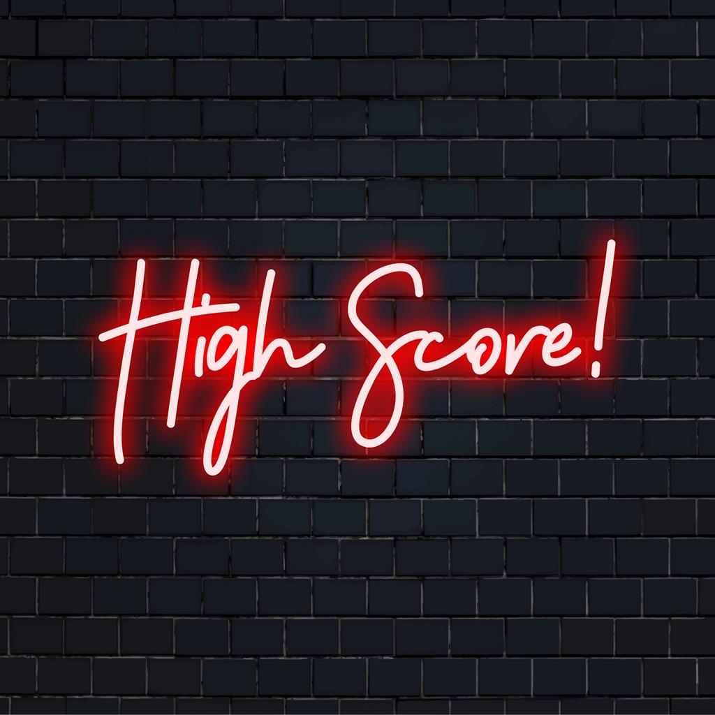 Individuelles LED-Neonschild mit buntem „High Score!“-Text, perfekt für schillerndes Neondekor und personalisiertes Ambiente.