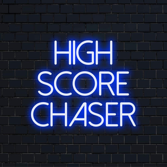 Vibrant custom-made LED neon sign named High Score Chaser bringing retro gaming flair to any space.
