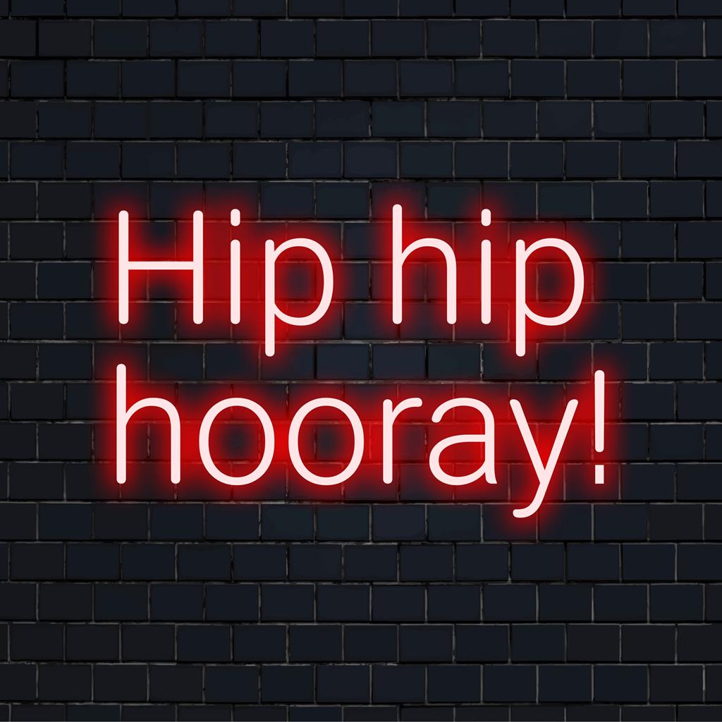 Vibrant LED neon sign spelling Hip Hip Hooray! in joyful typography; perfect for lively celebrations and decor.