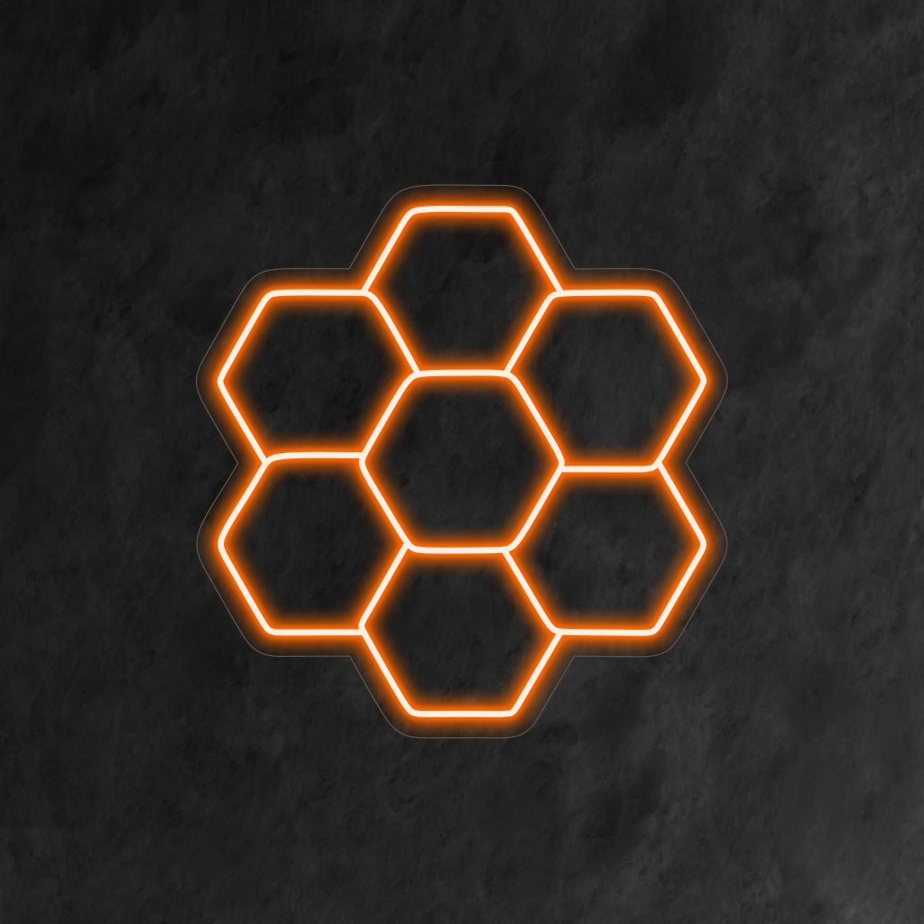 „Honeycomb Neon Sign“ – Eine süße und stilvolle Ergänzung für Cafés und Dessertläden mit Honigthema, mit dem komplizierten Muster von Honigwaben für eine elegante und warme Atmosphäre.