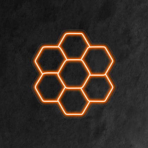 „Honeycomb Neon Sign“ – Eine süße und stilvolle Ergänzung für Cafés und Dessertläden mit Honigthema, mit dem komplizierten Muster von Honigwaben für eine elegante und warme Atmosphäre.