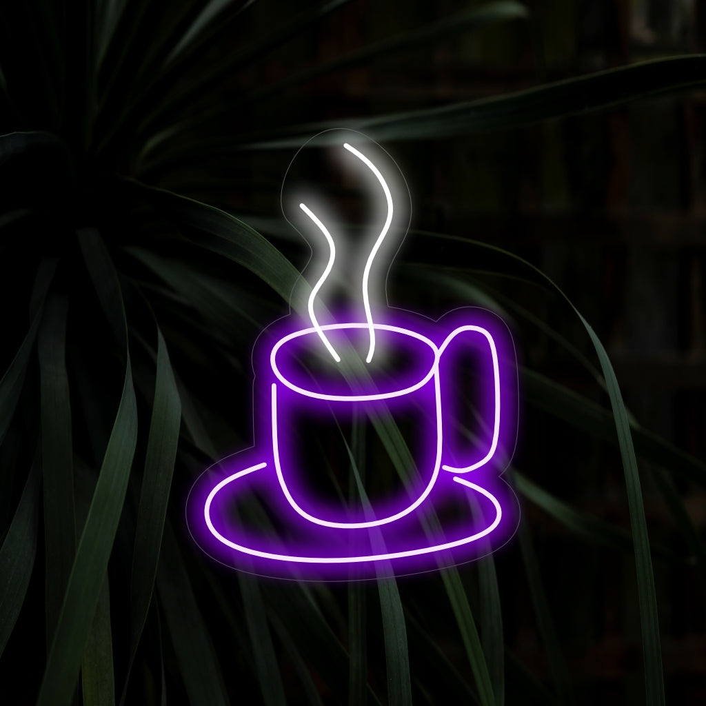 „Heiße Kaffeetasse-Neonschild“ – Eine warme und einladende Ergänzung für Cafés, mit einer dampfenden Kaffeetasse für eine einladende und wohlige Atmosphäre in gemütlichen Ecken.
