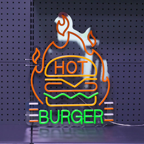 HOT BURGER – Burger mit Flammen – LED-Leuchtschild