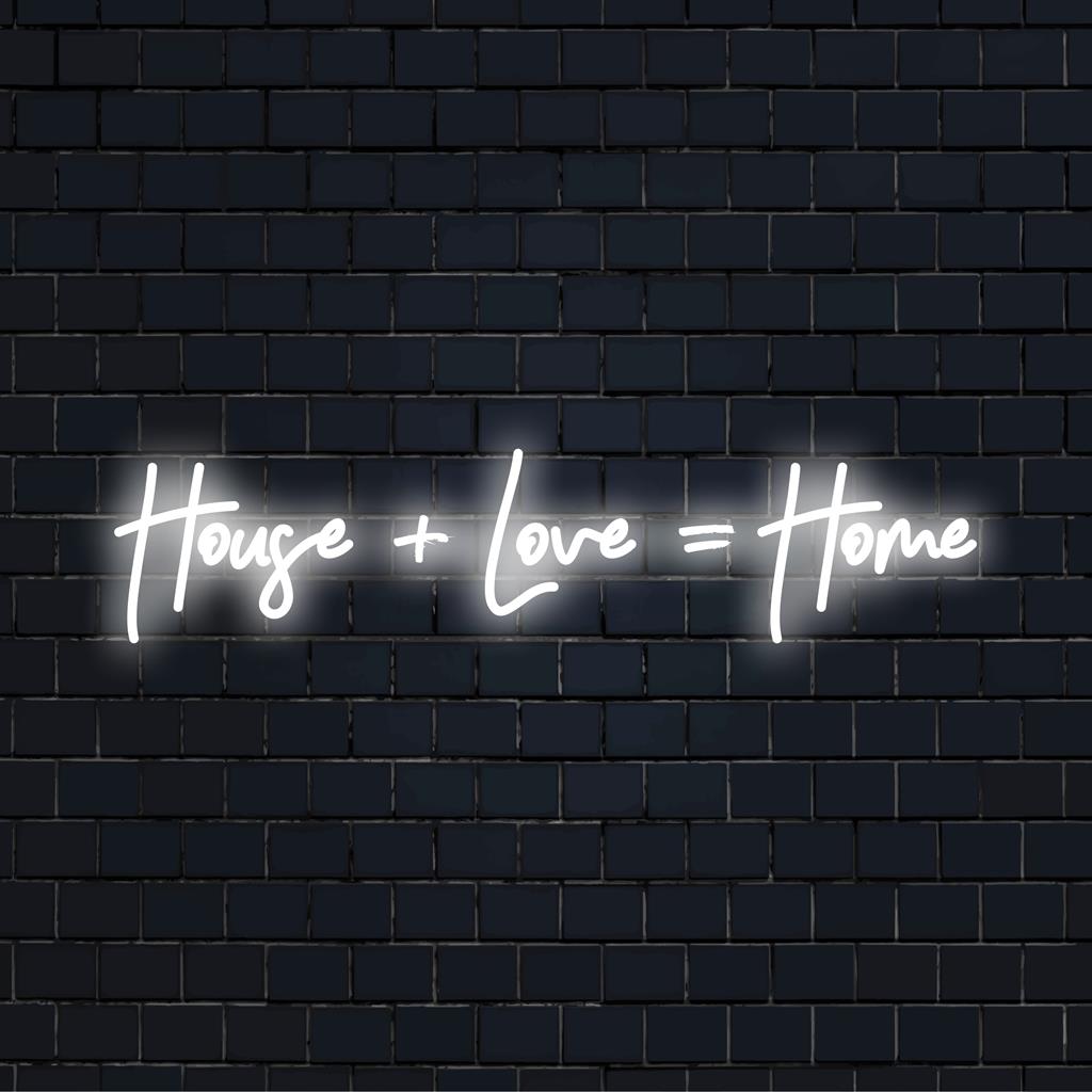 LED neon sign with House + Love = Home, blending text and art into a cozy light decor for personalized living spaces.