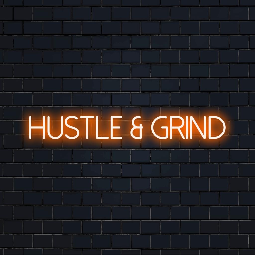 Custom 'Hustle And Grind' LED neon sign, vibrant motivational decor, inspiring glowing art for any space.