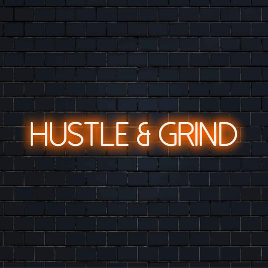 Custom 'Hustle And Grind' LED neon sign, vibrant motivational decor, inspiring glowing art for any space.